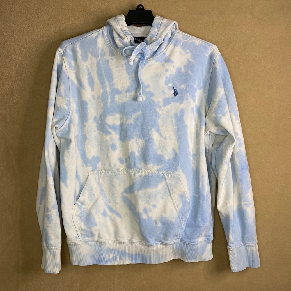 US Polo Assn Tie Dye Hoodie Sweatshirt Unisex Pullover Light Blue White Sz L EUC